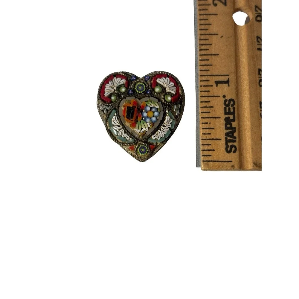 Vintage Italy Gold Tone Intricate Colorful Micro Mosaic Heart Love Brooch Pin